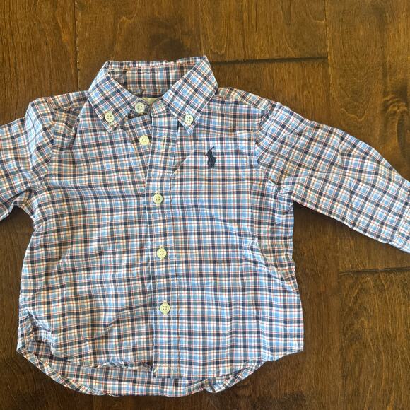 Ralph Lauren Boys 6 Month Button Down Collared Shirt Plaid Preppy Blue Red - Picture 2 of 5